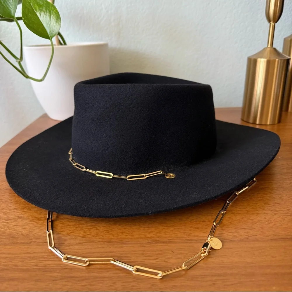 NWT Van Palma Black Wide-Brim Wool Fedora with Gold Chain Accent From France